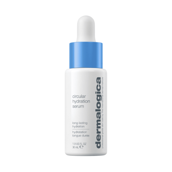 Dermalogica circular hydration serumas. Drėkinamajame serume naudojama hialurono rūgštis, kuri prasiskverbia į odos paviršių ir giliai ją drėkina.Ilgai išliekantis serumas iš karto pripildo odą drėgme, papildo ją iš vidaus ir padeda išvengti drėgmės išgaravimo ateityje. Serume naudojama patobulinta hialurono rūgštis, kuri prasiskverbia į odos paviršių ir užtikrina gilų drėkinimą bei elastingesnę, spindinčią odą. Drėkinamoji matrica su dumblių ekstraktu užtikrina greitą ir ilgalaikį drėkinimą. Fermentuotos sojos poliglutamo rūgštis papildo odos drėgmės atsargas iš vidaus. Augalinės kilmės cukrus ir aminorūgščių mišinys, panašūs į natūraliai esančias odoje, sulaiko vandenį ant odos paviršiaus, kad ateityje išvengtų drėgmės išgaravimo. Post biotinis lactobacillus fermento ir avižų ekstrakto mišinys padeda subalansuoti odos mikrobiomą.